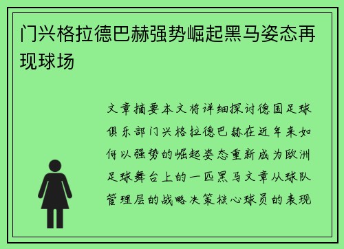 门兴格拉德巴赫强势崛起黑马姿态再现球场